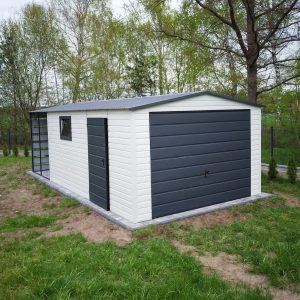 Blasgarage 3,5 m x 5 m + 2 m Vordach, mit Schwenktor, Tür und Fenster