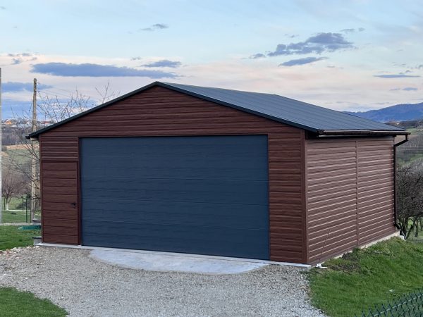 Blachgarage 6 m x 6 m, Sektionaltor, Holzoptik + Grafit