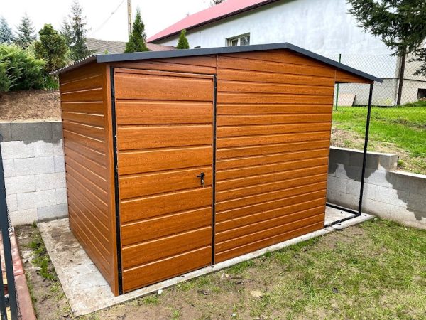 Geräteschuppen 3 m x 2 m + 1 m mit Holzunterstand, Holzoptik