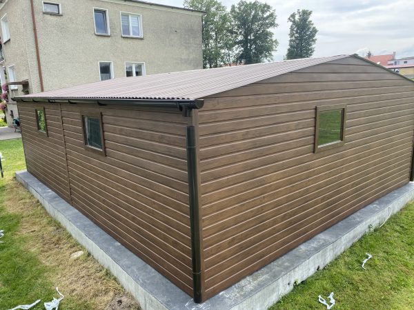 Blachgarage 6 m x 7 m, Holzoptik, Schwingtor, Tür – Bild 3