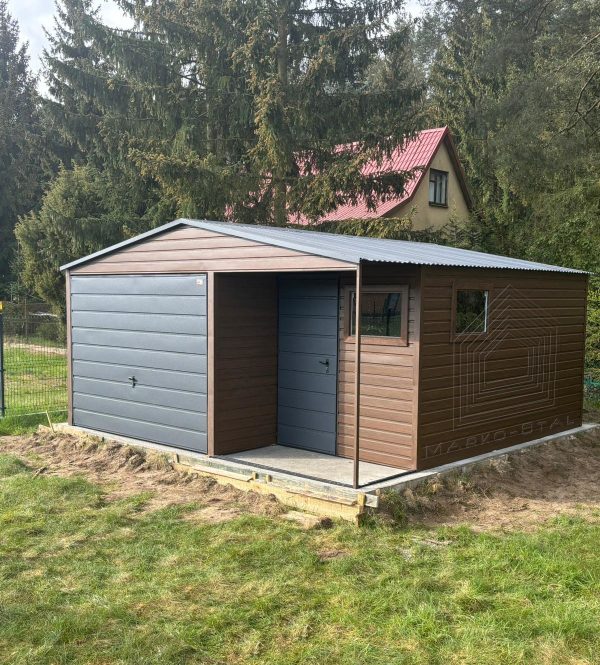 Blachgarage 5 m x 6 m mit Nische, Holzoptik + Grafit – Bild 2