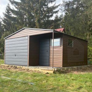Blachgarage 5 m x 6 m mit Nische, Holzoptik + Grafit