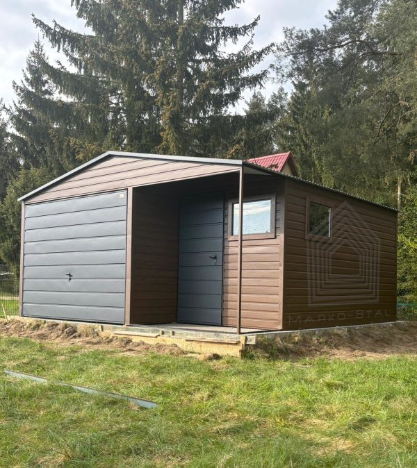 Blachgarage 5 m x 6 m mit Nische, Holzoptik + Grafit