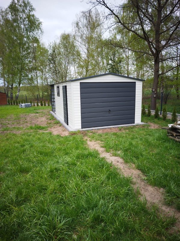 Blasgarage 3,5 m x 5 m + 2 m Vordach, mit Schwenktor, Tür und Fenster – Bild 2