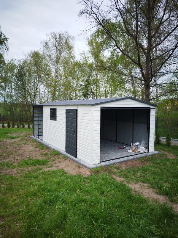 Blasgarage 3,5 m x 5 m + 2 m Vordach, mit Schwenktor, Tür und Fenster – Bild 3