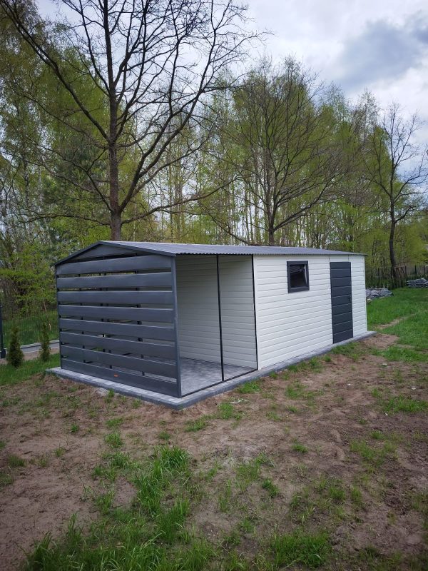 Blasgarage 3,5 m x 5 m + 2 m Vordach, mit Schwenktor, Tür und Fenster – Bild 4